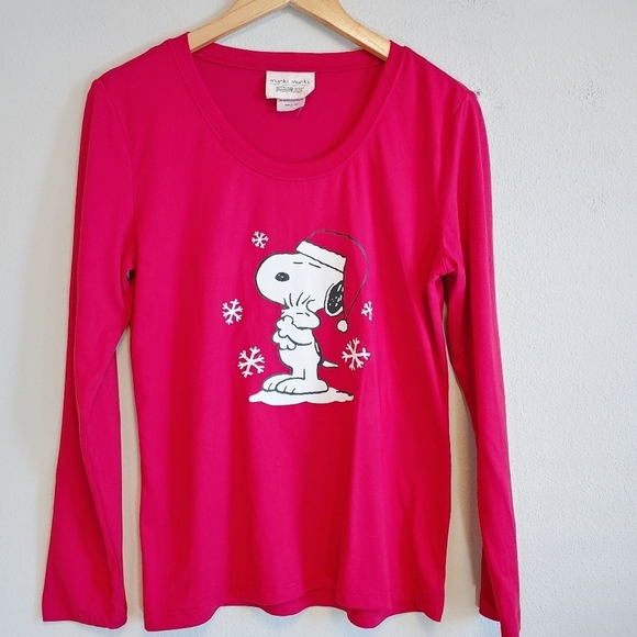 Munki Munki Peanuts Red Long Sleeves Snoopy Woodstock T-Shirt Sz M Festive - Picture 1 of 7